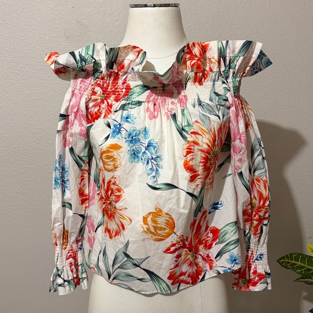 Christy Lynn Regina Top Ivory Garden Off Shoulder Ruffle Feminine Floral Peasant
